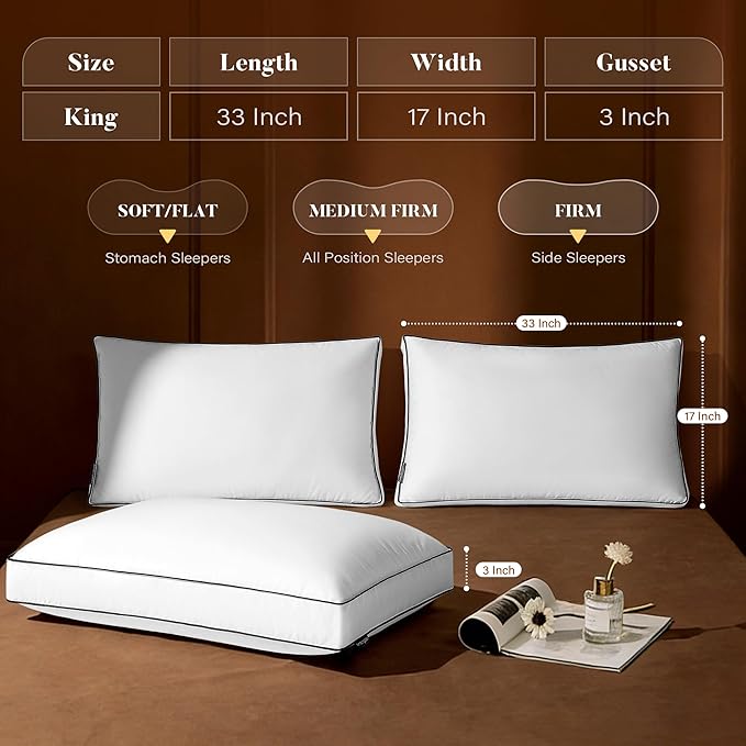 Goose Feather Down Pillow King Size Set of 2, Down Surrounded Hotel Collection Bed Pillows for Sleeping with Gusset, 2 Pack, Fluffy Plush for Side, Back Sleepers 20x36 in.