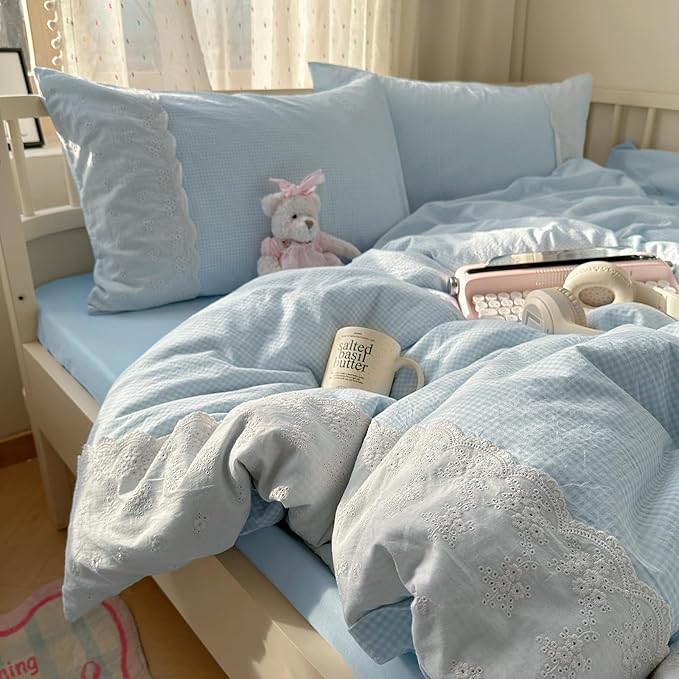 mixinni Blue Gingham Duvet Cover Twin Size - 3 Piece Cottagecore Plaid Bedding Set with Lace Trim, Soft Washed Microfiber Vintage Aesthetic Grid Comforter Cover & Pillow Shams, (Blue White Gingham)