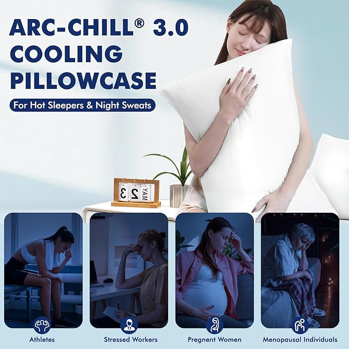 Elegear Cooling Pillow Cases for Hot Sleepers, Silver Infused Cooling Pillowcase Instantly Cool with Q-Max>0.5, Soft Silky Pillowcases for Hair & Skin, Zipper Anti Acne Pillowcase Set of 2-Queen,White