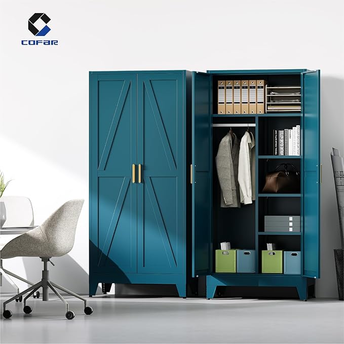 COFaR 71'' Tall Wardrobe Closet with Doors, Metal Bedroom Armoire with Adjustable Hanging Rod and Shelves, Farmhouse Broom Closet Storage Cabinet for Garage Laundry Office, Peacock Blue