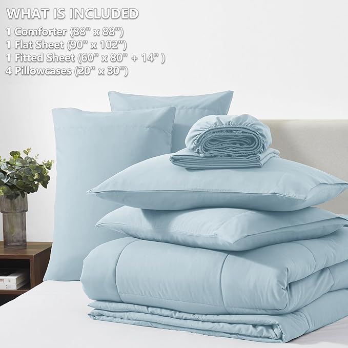 CozyLux Queen Comforter Set Light Blue, 7 Pieces Bed in a Bag, Blue Comforters Queen Size, All Season Bedding Sets with Stitch Quilted Comforter, Flat Sheet, Fitted Sheet, Pillowcases