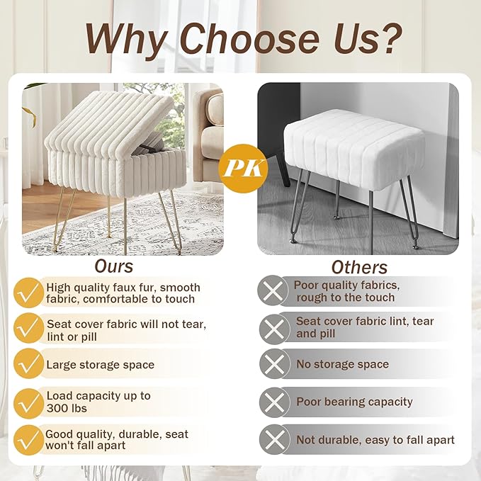 EBENCHICO Vanity Stool Chair with Storage, Faux Fur Stools for Vanity Makeup, Foot Stool Ottoman with 4 Metal Legs, Small Vanity Bench Seat Chairs for Living Room Bedroom