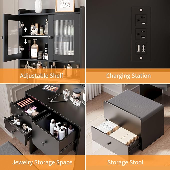 GarveeLife Compact Vanity, Make Up Vanity Desk with Mirror and Lights, White Vanity Table Set with Charger Station,Girls Small Vanity and Storage Chair