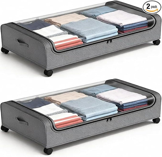 Under Bed Storage with Wheels, 6.7'' Tall Underbed Storage Containers with Lids - Rolling Bins for Shoes Clothes Blankets (Grey, 2-Pack XXL)