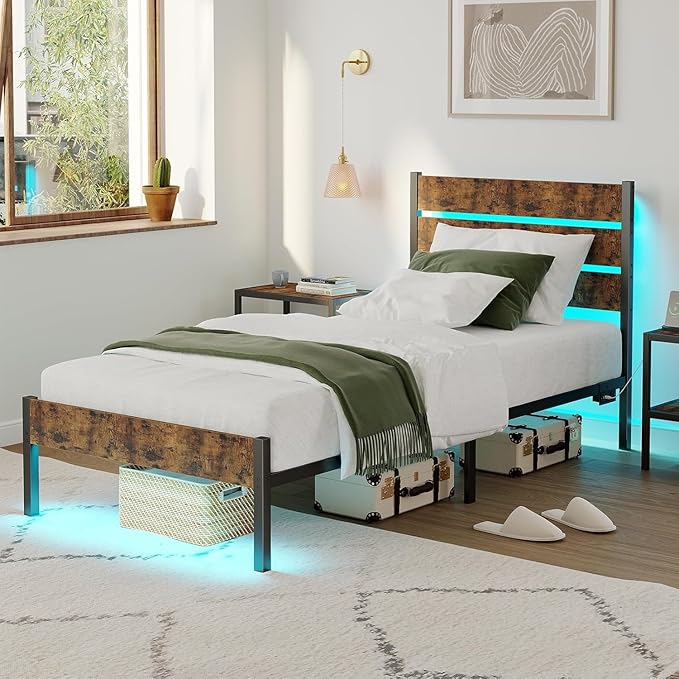Bed Frame Twin Size with USB Charging Station, LED Light Metal Bed Frame with Wooden Headboard, Metal Platform Bed with Under Bed Storage, Easy Assembly, No Box Spring Needed, Noise Free(Rustic Brown)