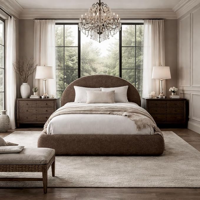 Round Bed – Washable Zip Cover - Upholstered Linen Soft Foam - Modular Minimalist Modern - Half Circle Moon - Sold Sold Separately (Brown Linen Premium, King Base)