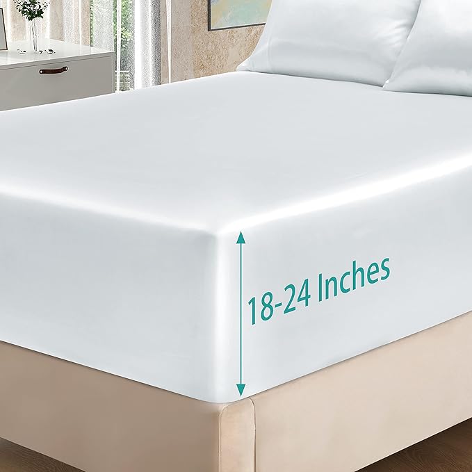 Homiest 4pcs Extra Deep Pocket Satin Sheets Queen Size Bed Set, 18-24 Inch Deep Pocket Bed Sheets White Satin Sheet Set, Silky Satin Bedding Set Luxury Fitted Sheet Set Fits Ultra Deep Mattress