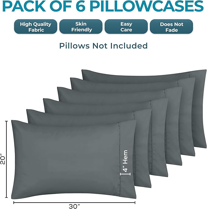 Utopia Bedding Queen Pillow Cases - 6 Pack - Envelope Closure - Soft Brushed Microfiber Fabric - Shrinkage and Fade Resistant Pillow Covers Queen Size 20 X 30 Inches (Queen, Grey)