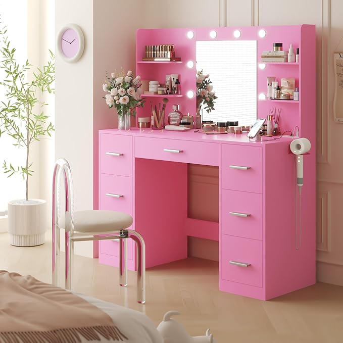 YESHOMY Vanity Desk with Mirror, Power Outlet and 10 Lights, Makeup Table with 7 Drawers, 3 Color Modes Available for Bedroom, Light Pink