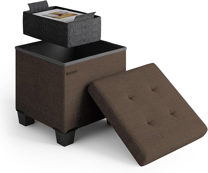 Storage Ottoman Cube with Small Bin, 15-in Square Ottoman with Storage for Living Room and Bedroom, Small Ottomans Foot Rest, Fabric Foot Stools Ottomans Max 330lbs, Brown