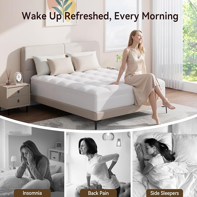 ABENE King Size Mattress Topper for Back Pain Relief, Extra Thick Mattress Pad Pillowtop, Soft Plush Mattress Cover Bed Topper with Deep Pocket, Overfilled Down Alternative Filling, White