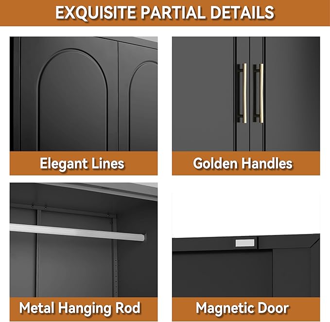 Polup Metal Armoire Wardrobe Closet with Doors and Shelves, 71" Tall Wardrobe Closet with Hanging Rod, Freestanding Clothes Cabinets, Large Wardrobes for Bedroom, Home Office, Employee, Black