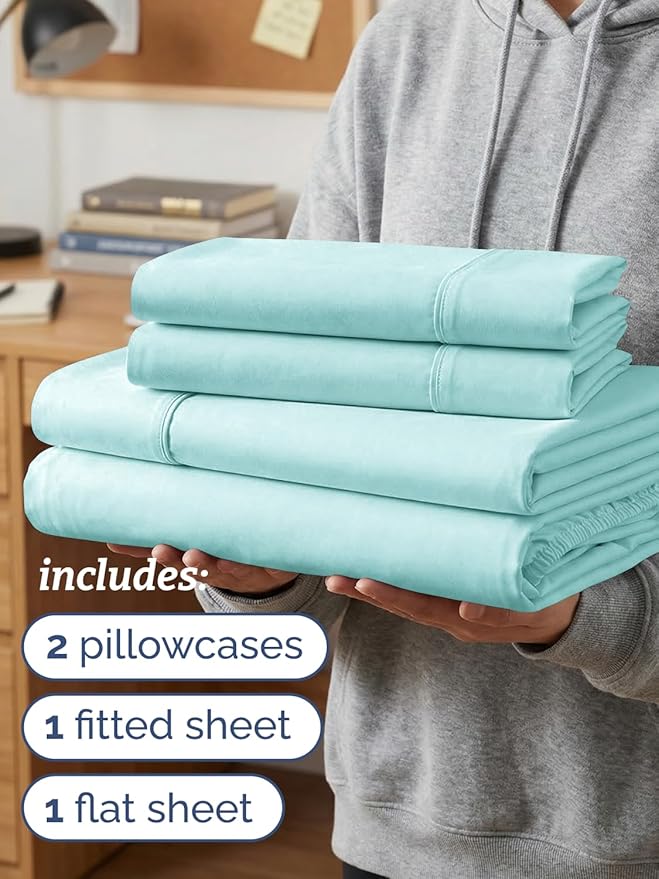 Twin XL 4 Piece Sheet Set - Comfy Breathable & Cooling - Hotel Luxury Bedding for Women, Men, Kids, Teens & Children - 1 Flat & 1 Fitted Sheet & 2 Pillowcases w/ Deep Pockets - Wrinkle Free - Spa Blue