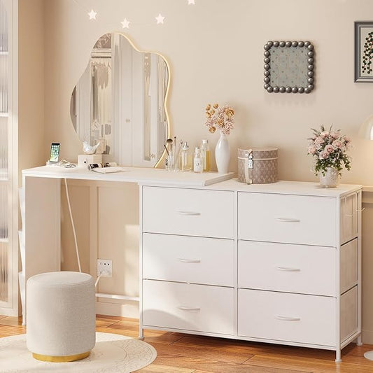 Simoretus Modern Corner Vanity Desk with 6 Fabric Drawers Power Outlet Side Pocket L Shaped Drawers Makeup Desk Dressing Table for Girls Women Bedroom (White)