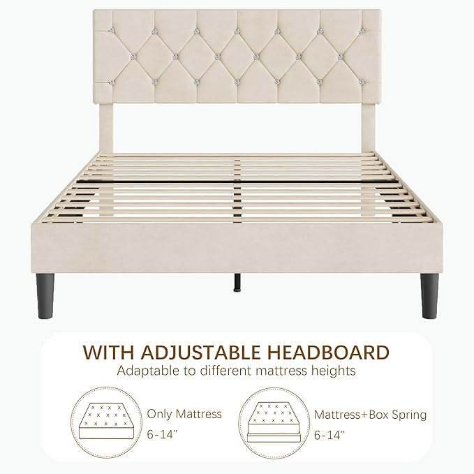 VECELO Queen Size Bed Frame with Diamond Tufted Headboard, Upholstered Platform Bedframe with Wood Slat Support, No Box Spring Needed, Pala Beige