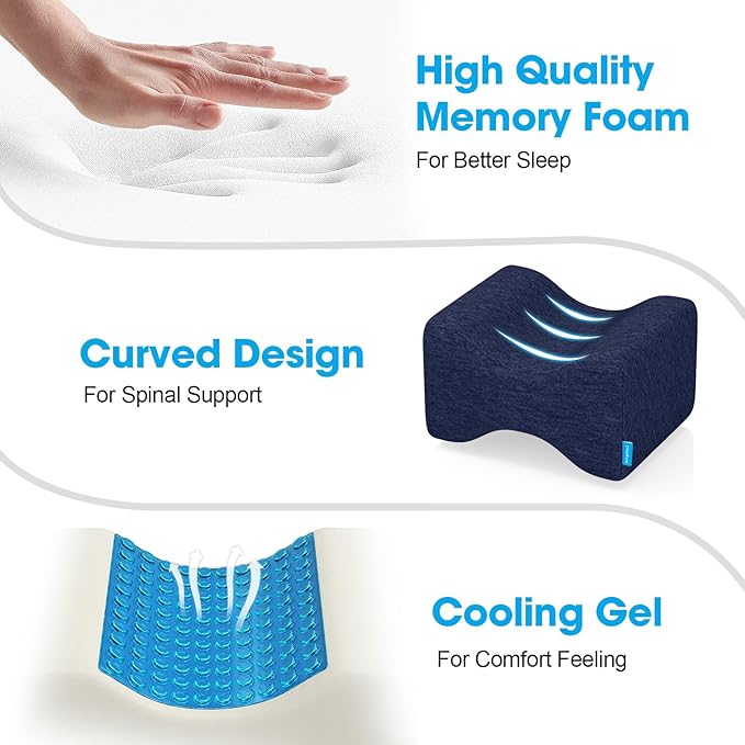 Knee Pillow for Side Sleepers with Cooling Gel, Memory Foam Elevation Pillow for Spine Aligning, Sciatica, Back, Hip, Knee, Ankle Pain, Blue/Plus