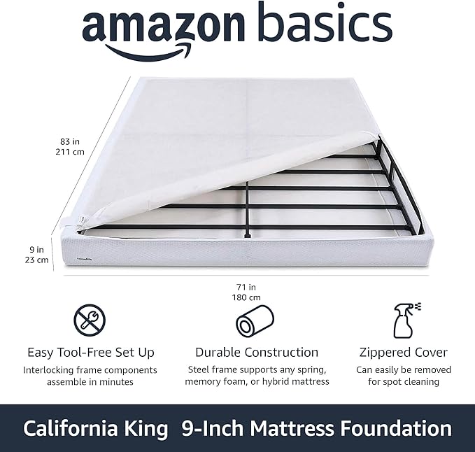 Amazon Basics Smart Box Spring Bed Base, 9-Inch Height Mattress Foundation, Tool-Free Easy Assembly, Metal Frame, Cal King, 83" x 71" x 9", White