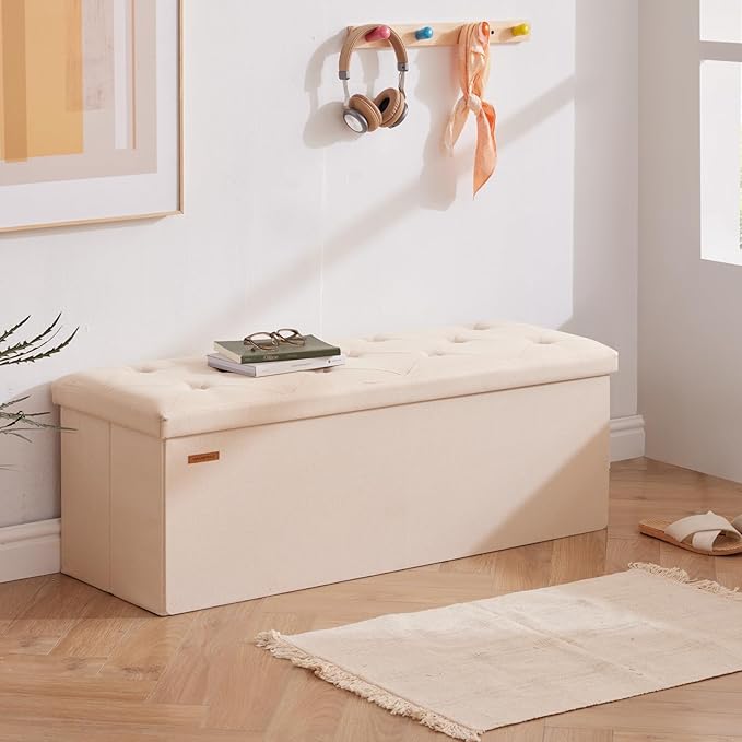 HAUSFRAU Storage Ottoman Bench with Flipping Lid, 43.3 Inches Storage Chest Footsrest, Folding Foot Stool for Entryway, Living Room, Bedroom, Linen Beige