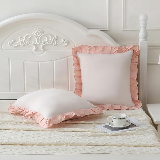 Merryword Beige and Pink Reversible Pillowcases 18x18 Throw Pillow Covers Pack of 2 Soft Microfiber Ruffle Decorative Pillowcase Cushion for Couch Sofa Bedroom