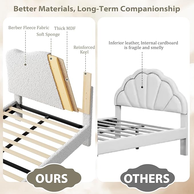 GarveeHome Upholstered Twin Size Bed Frame for Kids with Scallop Headboard, Cute Velvet Twin Bed for Girls, Boys, Sturdy Platform Bed, No Box Spring Needed, Wooden Slats, Noise Free, Light Grey