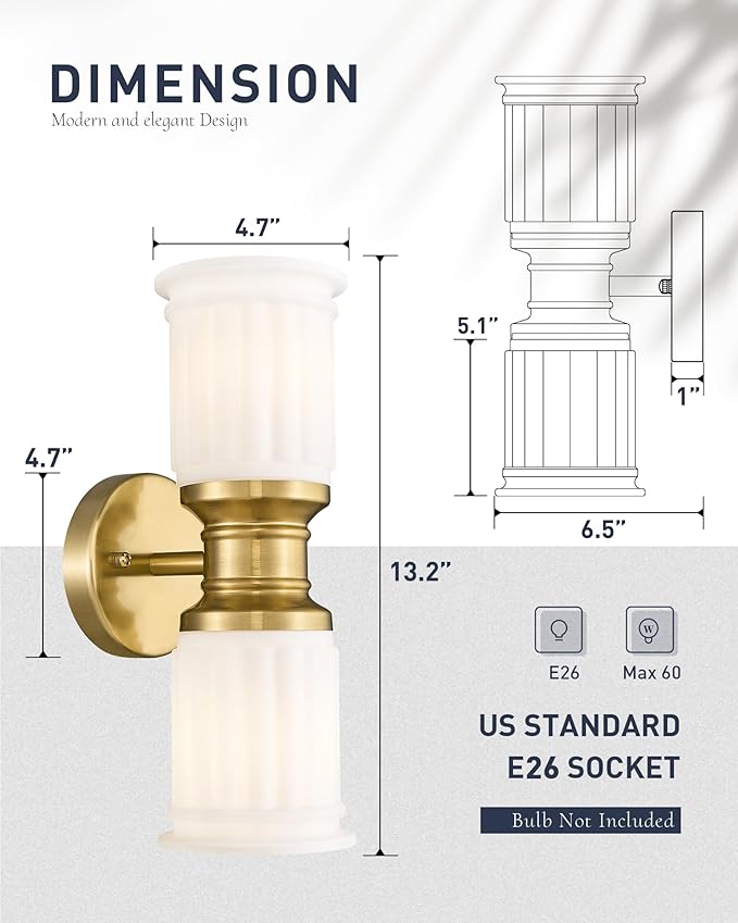 Gold Sconce Wall Lighting, HWH Indoor Bathroom Sconces with Frosted White Bell-Shaped Glass, Up and Down Vanity Lights Fixtures for Bathroom, Gold Finish, 5HZG106B-2W BG-ML
