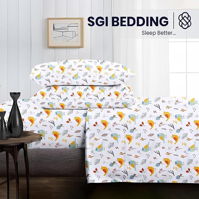 SGI bedding 100% Egyptian Cotton Sheets Full Size – 600 Thread Count Sheets Set, Soft, Cooling, 15" Deep Pocket, Luxury Hotel Bedding, Breathable, Durable - Spring Bird