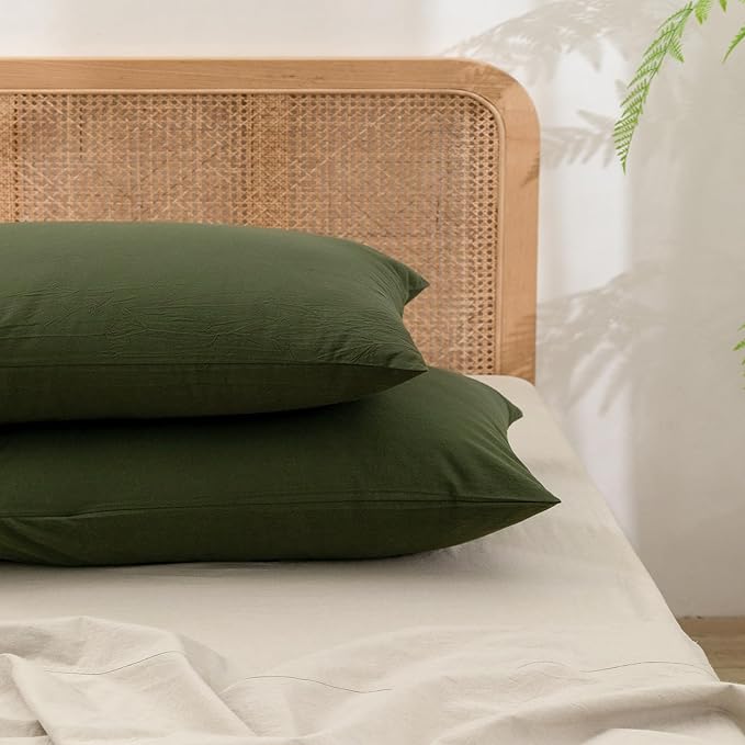 BESTOUCH 100% Washed Cotton Pillowcase for Hair and Skin Linen Feel Soft Comfortable Breathable 2 Set Pillow Case with Envelope Closure Solid Olive Green Standard 20x26 Inches
