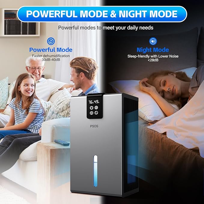 Dehumidifier, Dehumidifiers for Home, 98 OZ Water Tank, (1000 sq.ft) Quiet Dehumidifier for Basement Bathroom Bedroom with Humidity Display, Auto Shut Off, Relaxing 7 Color Ambient Light(Gray)