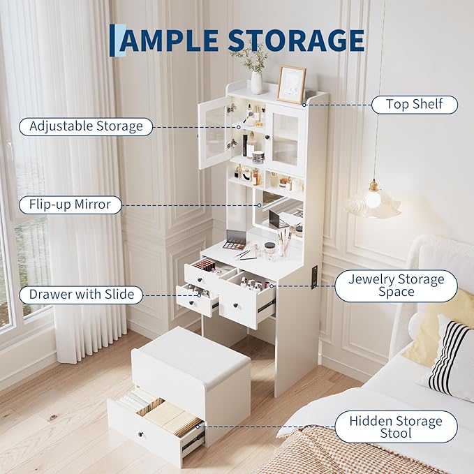 Garvee 3 in 1 Vanity Desk with LED Light, Tall Makeup Vanity Set with 2 AC Outlets & USB-c, Dressing Table with Drawers & Acrylic Doors, Nightstand Vanity Mirror, Jewelry Box, Cushioned Chair, White