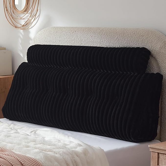 Headboard Pillow + A Long Neck Roll Pillow Body Pillow，Faux Fur Headboard Wedge Pillow with Removable Cover (Black, Full：54x8x20 inches)