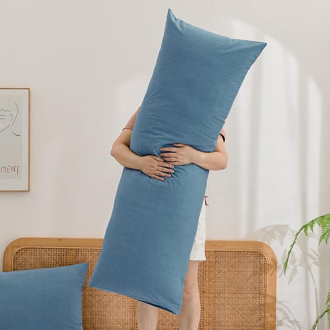 BESTOUCH 100% Washed Cotton Pillowcase for Hair and Skin Linen Feel Soft Comfortable Breathable 1 Pcs Pillow Case with Envelope Closure Solid Dark Blue Body 20x54 Inches