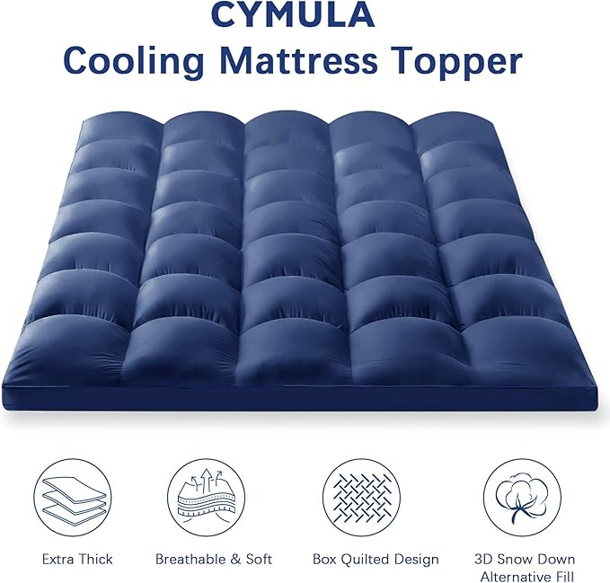CYMULA Full XL Mattress Topper, Navy Blue Cooling Mattress Pad Cover, Extra Thick Pillow Top Mattress Topper with 8-21 Inch Elasticated Deep Pockets, Plush Down Alternative Fill Mattress Protector