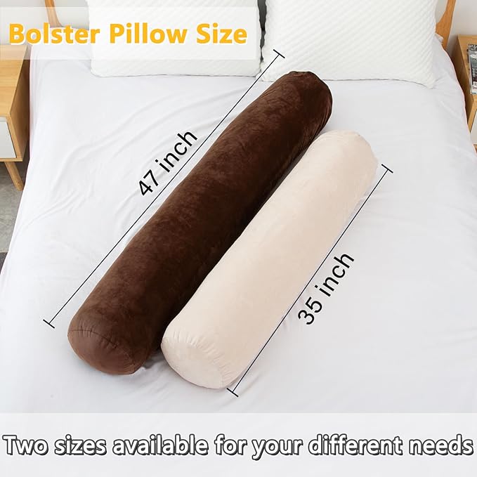 1 MIDDLE ONE Round Body Pillow for Adults, Long Bolster Pillow for Bed with Removable Velvet Cover, Decorative Tube Roll Cylinder Pillow, 47 x 7.87 Inch, Coffee