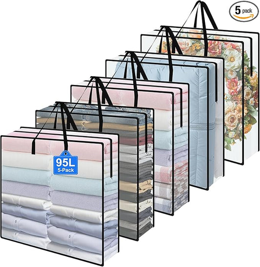 95L Under Bed Storage Bag, 5-Pack Under Bed Storage Containers, Clear Storage Bags for Clothes Quilt Pillow Wreath Blanket Storage or Closet Organizer Home Storage