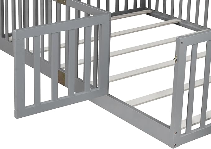 Bellemave Full Size Montessori Floor Bed with 21.5" High Rails, Rubber Wood Full Floor Bed with Slats and Door, Gray