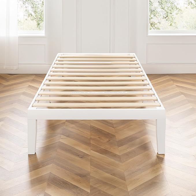 Mellow Naturalista Classic 16 Inch Solid Wood Platform Bed with Wooden Slats, White, Queen