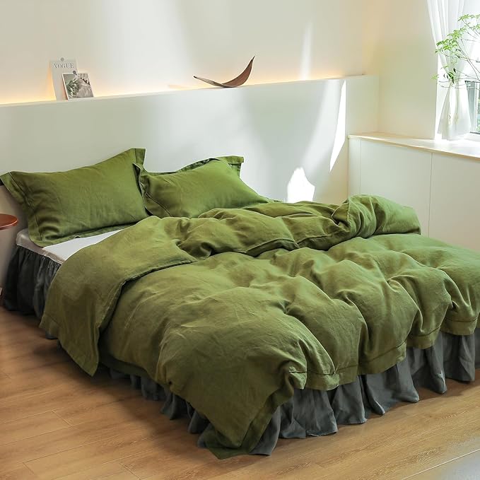 Simple&Opulence 100% Linen Duvet Cover Set with Embroidery Border Washed - 3 Pieces (1 Duvet Cover & 2 Pillow Shams) with Button Closure Soft Breathable Farmhouse - Olive, Queen Size