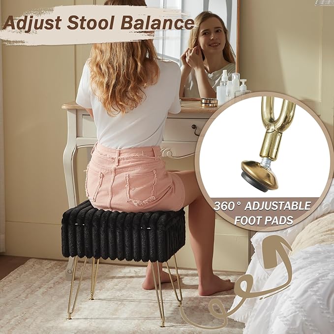 EBENCHICO Vanity Stool Chair with Storage, Faux Fur Stools for Vanity Makeup, Foot Stool Ottoman with 4 Metal Legs, Small Vanity Bench Seat Chairs for Living Room Bedroom