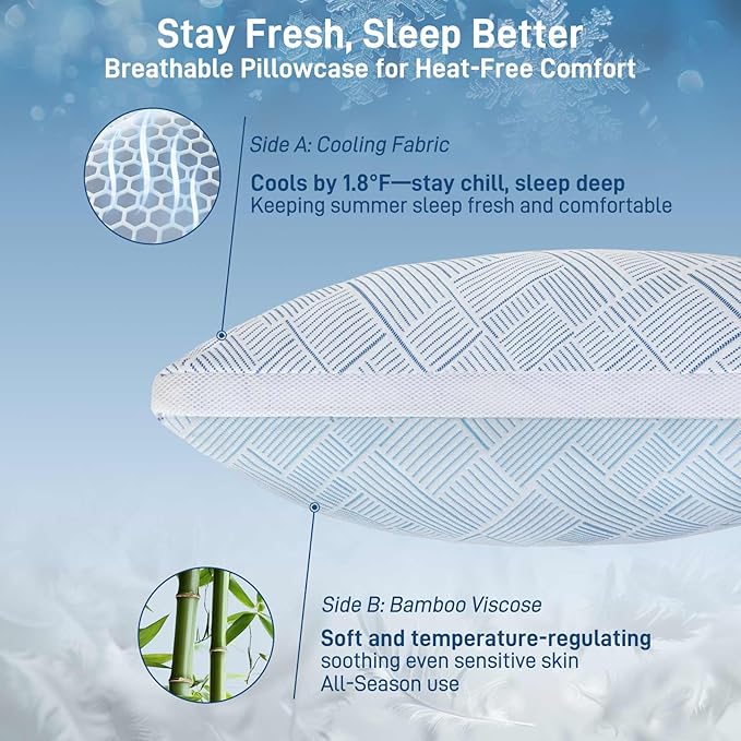 Alkyonos Shredded Memory Foam Cooling Soft Bamboo Viscose Pillow Queen Size, Adjustable Hypoallergenic Hotel Quality Pillow for Stomach, Back and Side Sleeper, Oeko-TEX Certified
