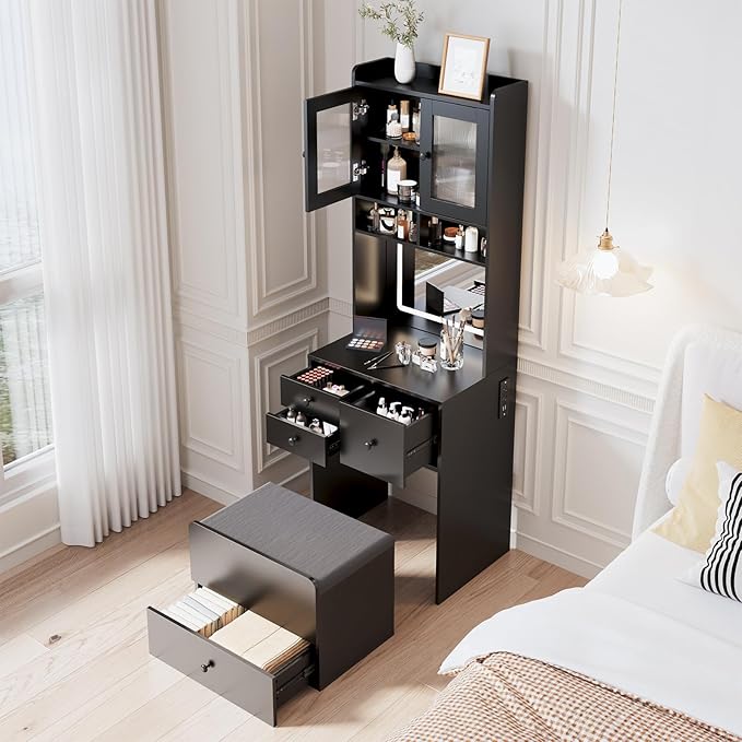 3-in-1 Make Up Vanity Desk with Mirror & Lights, Compact Vanity Table with Drawers, Storage Compartment and Rolling Stool, Modern Small Makeup Vanity and Storage Chair for Bedroom, Powder Room