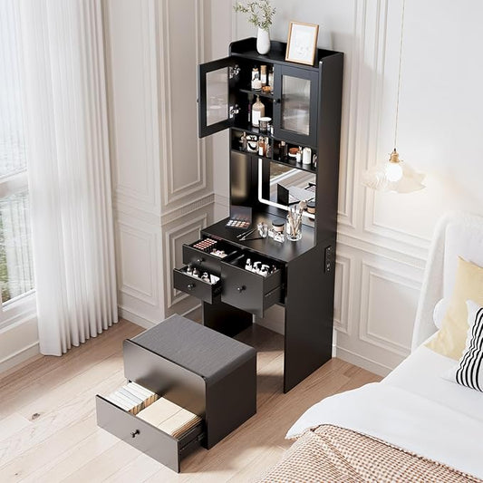 3-in-1 Make Up Vanity Desk with Mirror & Lights, Compact Vanity Table with Drawers, Storage Compartment and Rolling Stool, Modern Small Makeup Vanity and Storage Chair for Bedroom, Powder Room