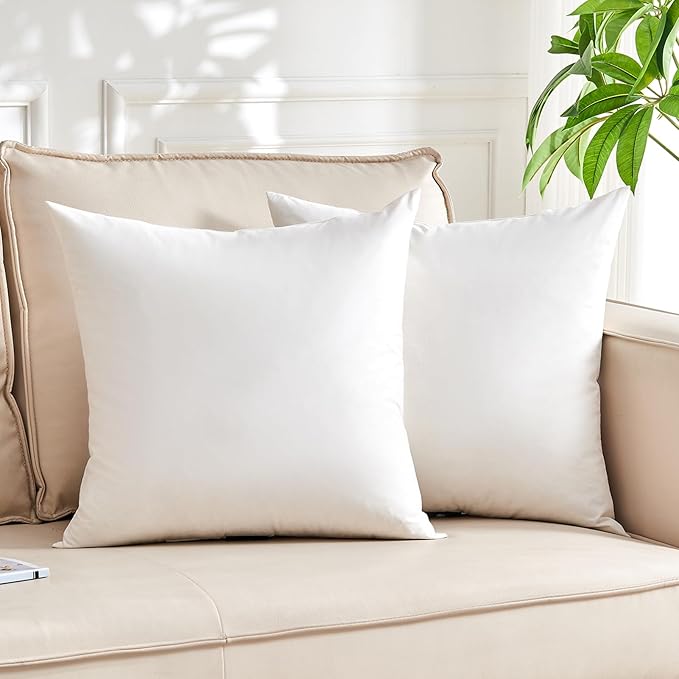 Organic Feather Down Throw Pillow Inserts (14x14 Inch, Set of 2) - 100% Cotton Shell, Filling of Feathers & Memory Foam, Square Decorative Pillow Form Core for Couch, Sofa, and Bed