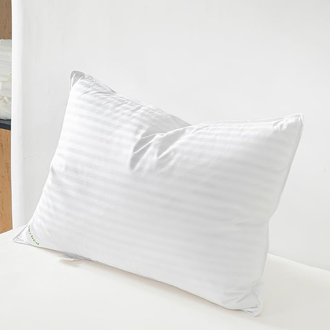 Goose Down Feather Pillows Stripe White Bed Pillow for Sleeping,100% Cotton Fabric Good for Side and Back Stomach Sleeper Queen Size 1 Pack