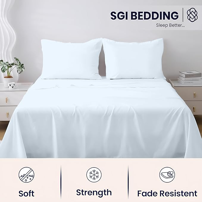 SGI bedding RV Short Queen Sheet Set 60x75, 600 TC Egyptian Cotton, 4 Piece Luxury Hotel Collection, Ultra Soft & Breathable, Fits RV Mattress Camper & Trailer, 15 Inch Pocket, Light Blue