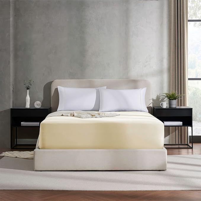 Nestl Beige Cream Extra Deep Pocket Fitted Sheet Queen, Hotel Luxury Queen Fitted Sheet Only Easily Fits 18 to 24 Inch Mattress, Super Soft, Wrinkle-Free, Breathable Bottom Sheets with Corner Straps