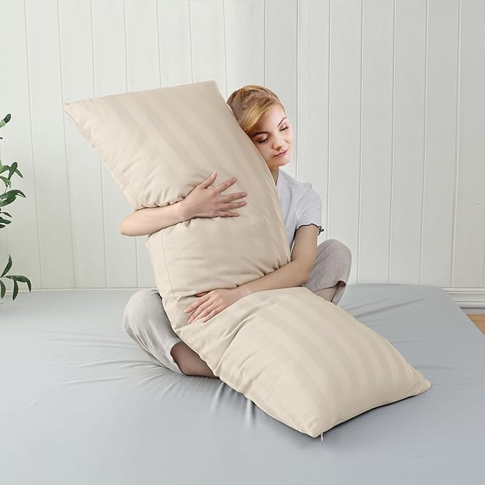 100% Cotton Soft Body Pillow Protectors with Invisible Zipper 20X54 Inches Body Pillow Cases, 600 Thread Count Soft Pillow Cases, Striped Beige Color 1-Pack
