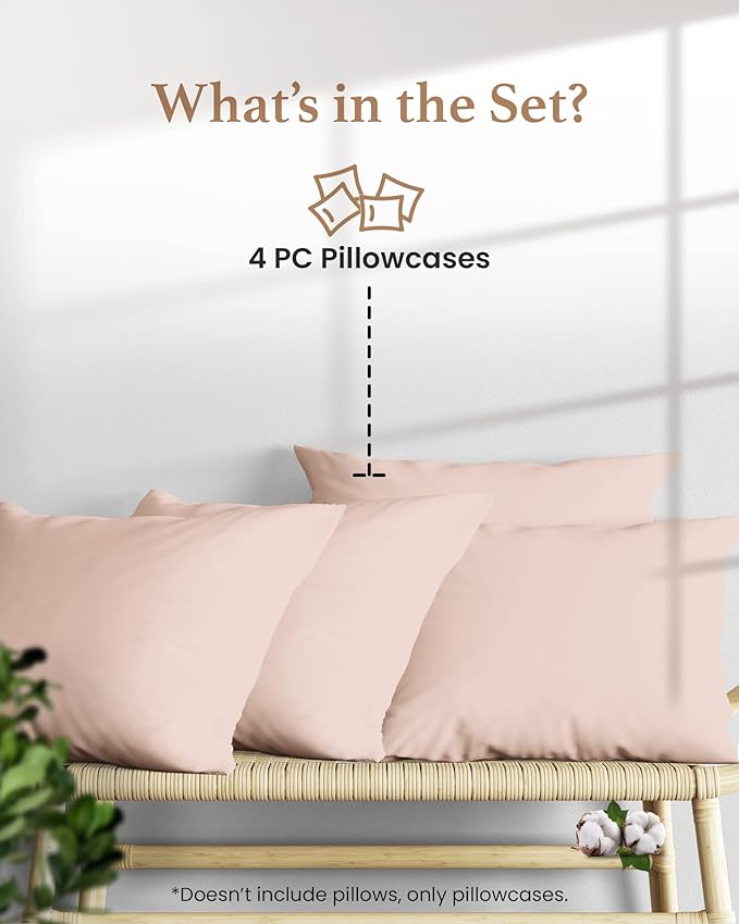 1000 TC Blush King Pillowcases Set of 4 100% Egyptian Cotton Pillow Cases with Long Staple Cotton & Sateen Weave, Silky Soft Hotel - Like Bed Pillow Covers for Comfy Sleeping, Snug Fit