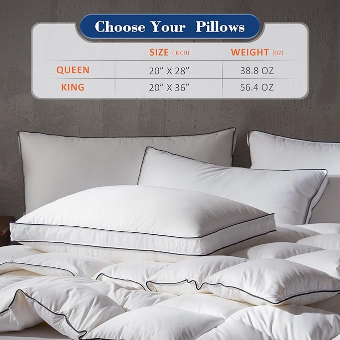 Decroom Goose Feather Down Fiber Pillows Queen Size Set of 2, Soft Pillows for Luxury Hotel Quality Gusseted Pillow 2 Pack, Bed Pillows for Sleeping, Breathable, Fluffy for Side, Back Sleepers