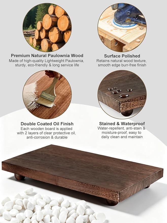 Wood Pedestal Stand 12 x 7 Inch, Farmhouse Wooden Riser for Kitchen Bathroom Counter Table Decor, Candle Tray, Plant Stand, Soap Display for Sink, Vanity, Coffee Bar, Brown