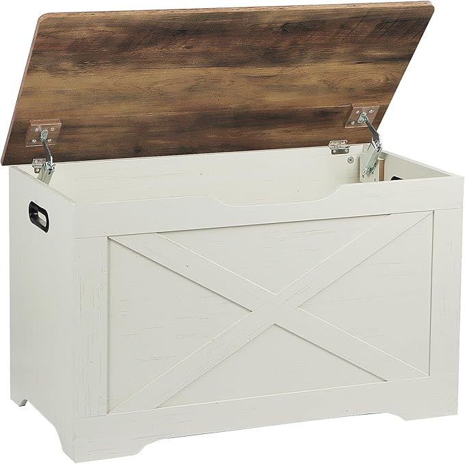 Timberer Storage Chest, Wooden Storage Bench, Entryway Shoes Bench with 2 Safety Hinges, for Living Room, Bedroom, 15.7 x 31.5 x 18.9 Inches, Brown and Rustic White